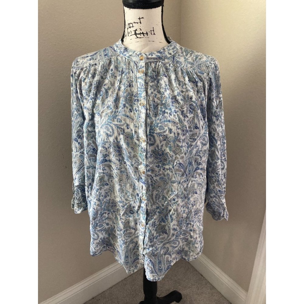 Pilcro by Anthropologie Blue and White Peasant Blouse - Size XL